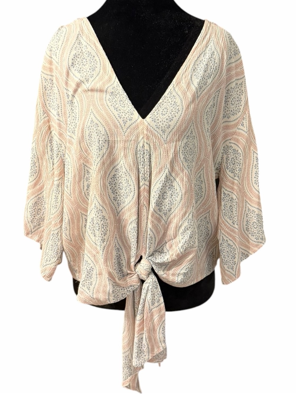 Women's Lovestitch Blouse Size M Beige Blue Patterned Tie Front Top